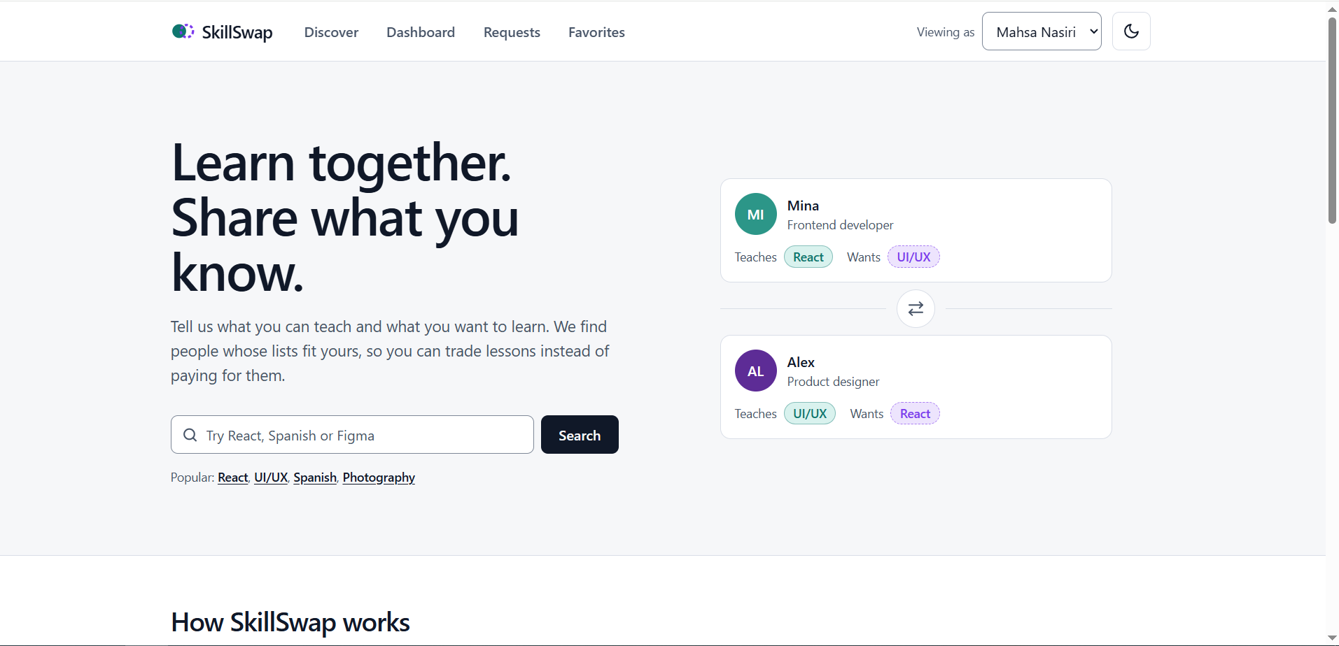 SkillSwap home page showing skill discovery and matching features